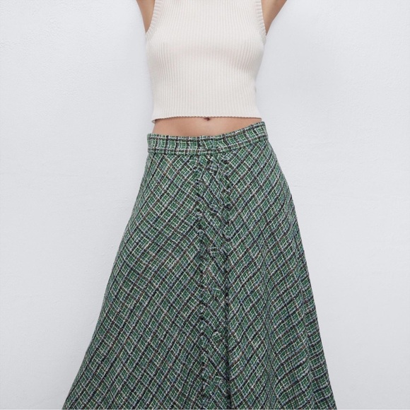 Zara Tweed Weave Textured High Waist A-Line Midi Skirt Green Sz S - Picture 5 of 12